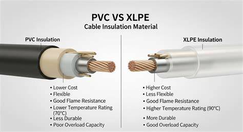 Izoliacijos pasirinkimo schemos infografika: XLPE vs PVC vs be-halogeniniai