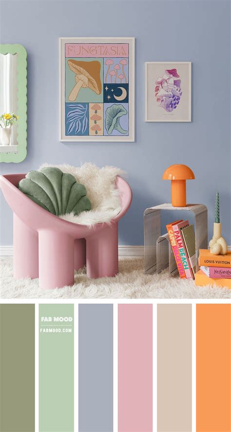 Insert decorative infographic showing pastel and vibrant tapetai combinations for living room, children’s room, and kitchen