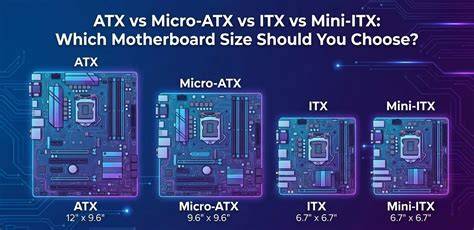 Infografika apie pagrindinių plokščių formatus (ATX, Micro-ATX, Mini-ITX) ir jų matmenis